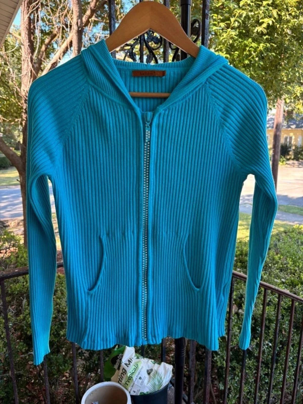 Belldini Y2K Turquoise Rhinestone Zip Up Hooded Sweater Size L